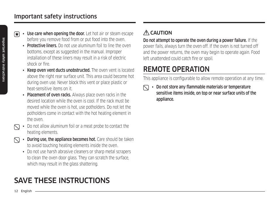 Remote operation, Save these instructions, Important safety instructions | Samsung 30 Inch Smart Slide-In Induction Range Owners Guide User Manual | Page 12 / 210
