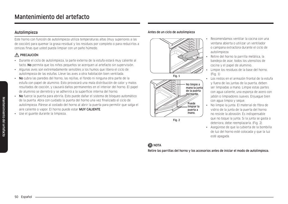 Mantenimiento del artefacto, Autolimpieza, Autolimpieza 50 | Samsung 30 Inch Smart Slide-In Induction Range Owners Guide User Manual | Page 120 / 210