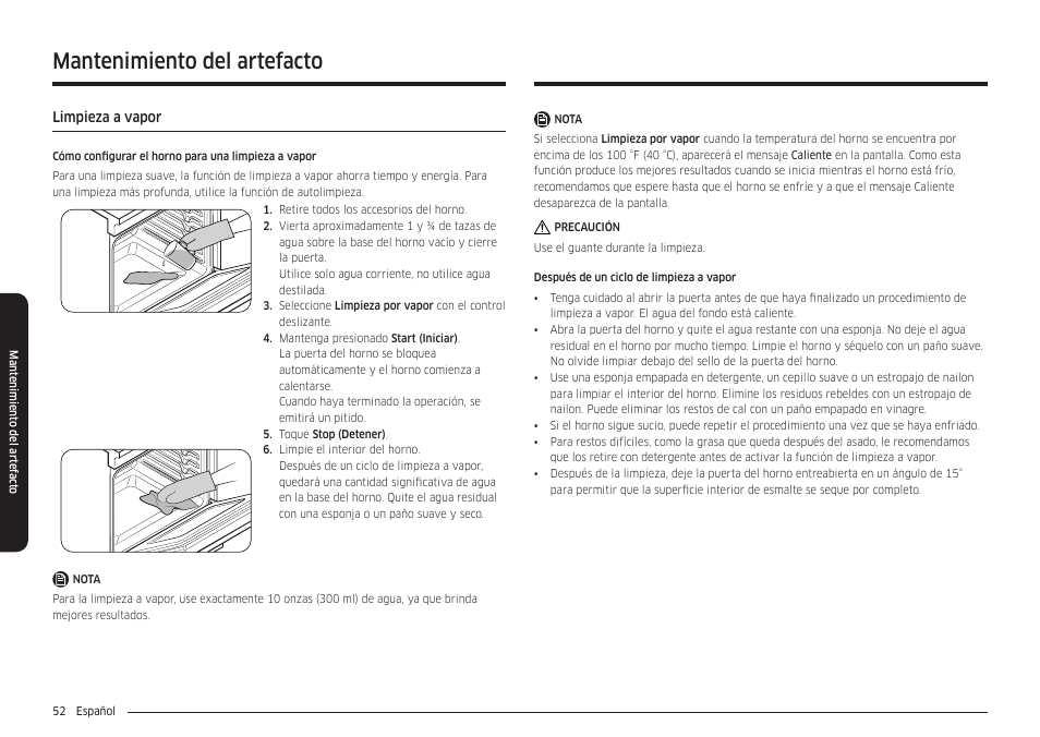 Limpieza a vapor, Mantenimiento del artefacto | Samsung 30 Inch Smart Slide-In Induction Range Owners Guide User Manual | Page 122 / 210