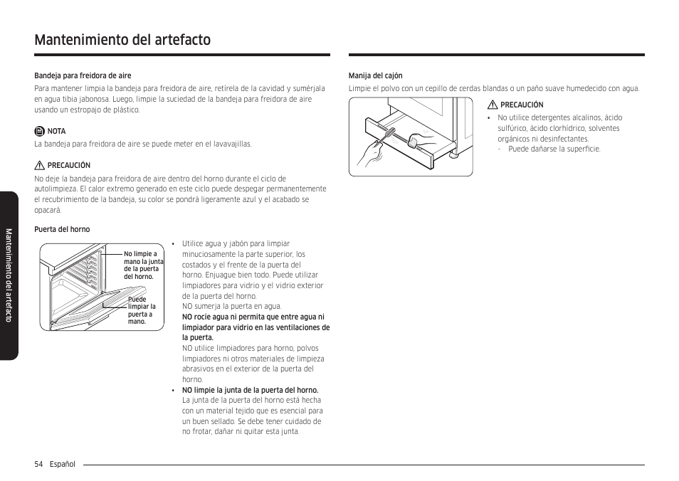 Mantenimiento del artefacto | Samsung 30 Inch Smart Slide-In Induction Range Owners Guide User Manual | Page 124 / 210
