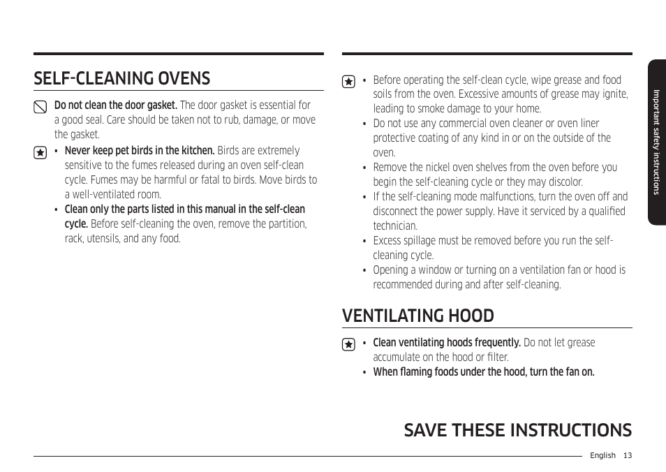 Self-cleaning ovens, Ventilating hood, Save these instructions | Samsung 30 Inch Smart Slide-In Induction Range Owners Guide User Manual | Page 13 / 210