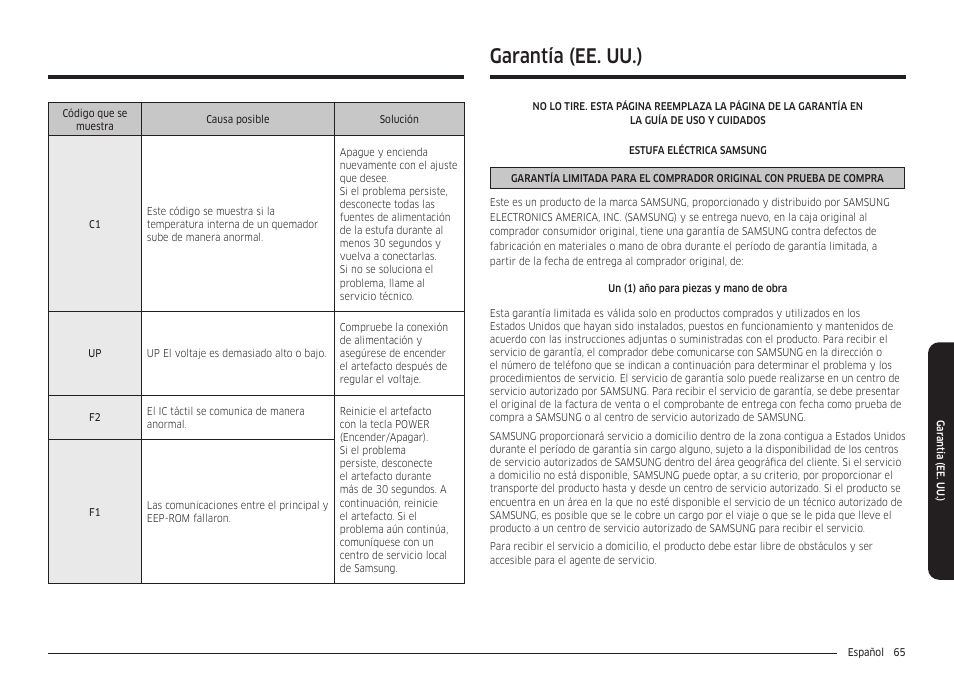 Garantía (ee. uu.) | Samsung 30 Inch Smart Slide-In Induction Range Owners Guide User Manual | Page 135 / 210