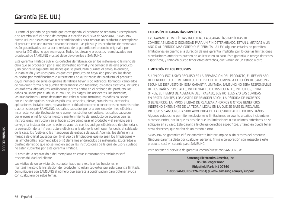 Garantía (ee. uu.) | Samsung 30 Inch Smart Slide-In Induction Range Owners Guide User Manual | Page 136 / 210