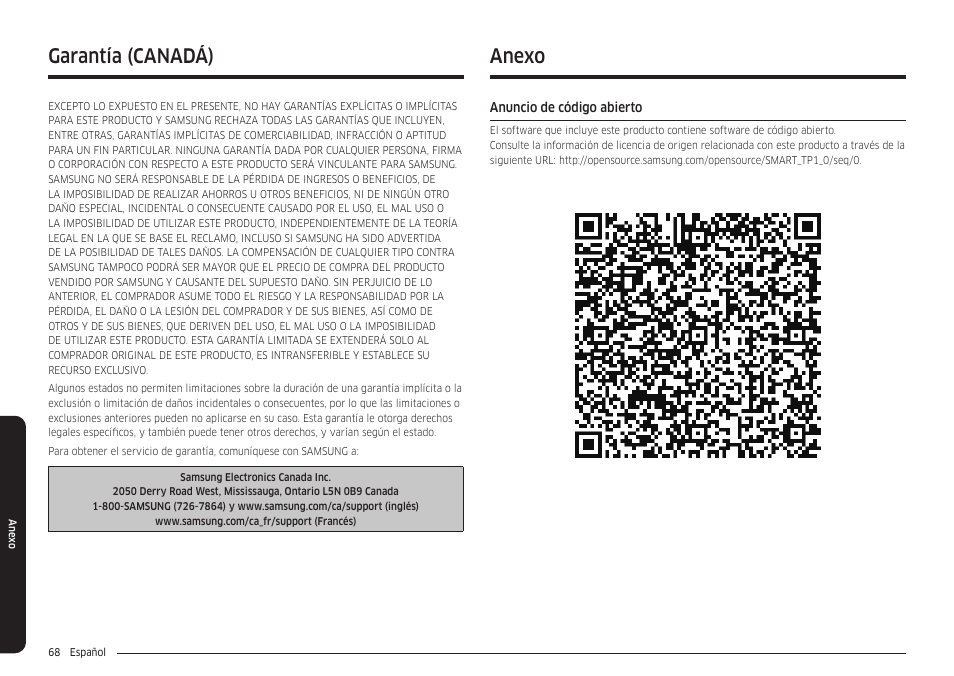 Anexo, Anuncio de código abierto, Anexo 68 | Garantía (canadá) | Samsung 30 Inch Smart Slide-In Induction Range Owners Guide User Manual | Page 138 / 210