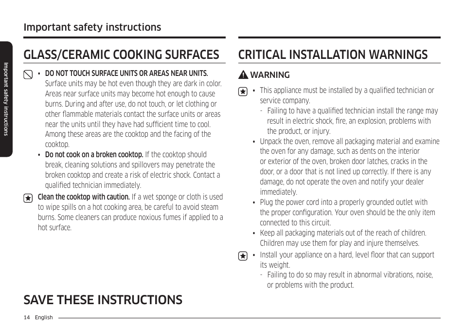 Glass/ceramic cooking surfaces, Critical installation warnings, Important safety instructions | Samsung 30 Inch Smart Slide-In Induction Range Owners Guide User Manual | Page 14 / 210