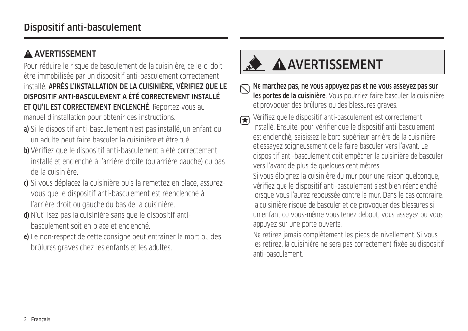 Avertissement, Dispositif anti-basculement | Samsung 30 Inch Smart Slide-In Induction Range Owners Guide User Manual | Page 142 / 210
