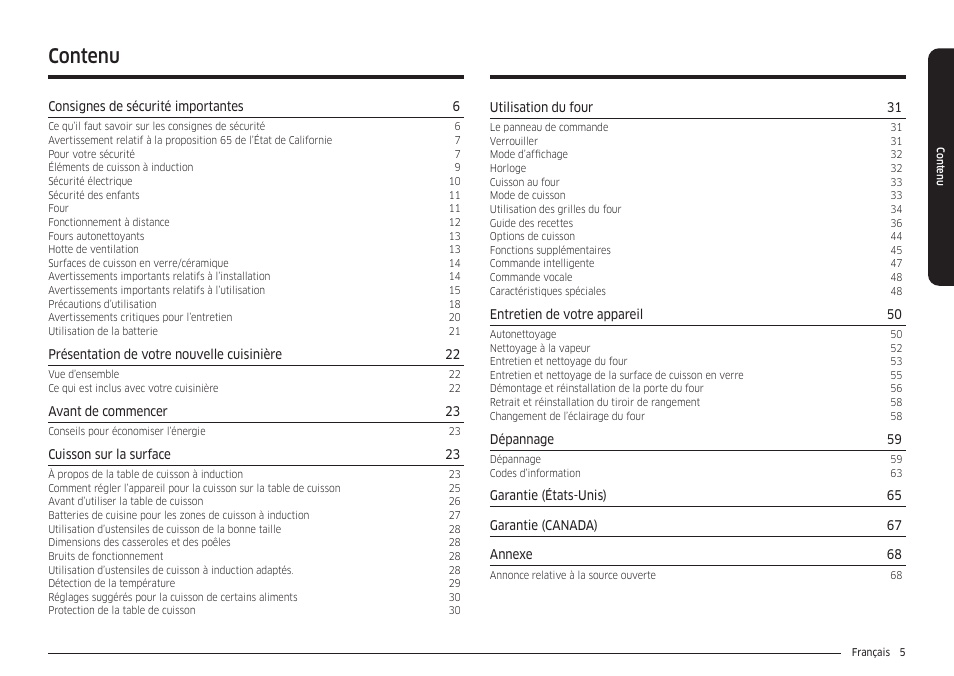 Contenu | Samsung 30 Inch Smart Slide-In Induction Range Owners Guide User Manual | Page 145 / 210