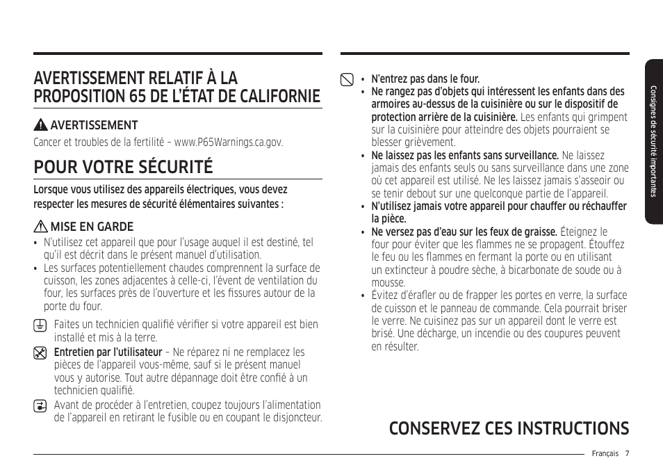 Pour votre sécurité | Samsung 30 Inch Smart Slide-In Induction Range Owners Guide User Manual | Page 147 / 210