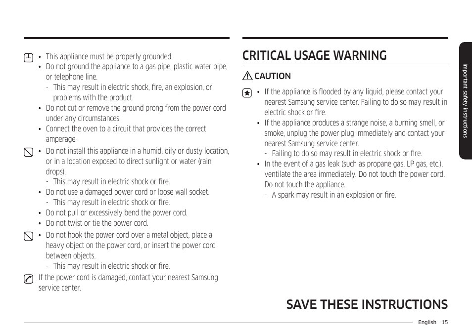 Critical usage warning, Save these instructions critical usage warning | Samsung 30 Inch Smart Slide-In Induction Range Owners Guide User Manual | Page 15 / 210