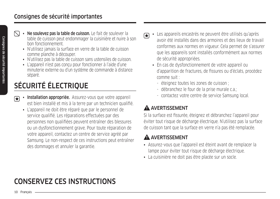 Sécurité électrique, Conservez ces instructions, Consignes de sécurité importantes | Samsung 30 Inch Smart Slide-In Induction Range Owners Guide User Manual | Page 150 / 210