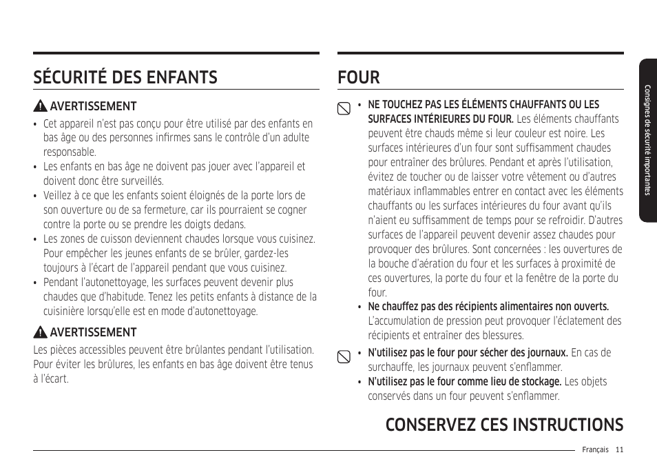 Sécurité des enfants, Four, Four 11 | Conservez ces instructions four | Samsung 30 Inch Smart Slide-In Induction Range Owners Guide User Manual | Page 151 / 210