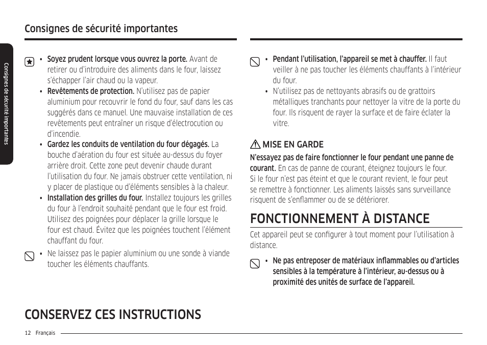 Fonctionnement à distance, Conservez ces instructions, Consignes de sécurité importantes | Samsung 30 Inch Smart Slide-In Induction Range Owners Guide User Manual | Page 152 / 210