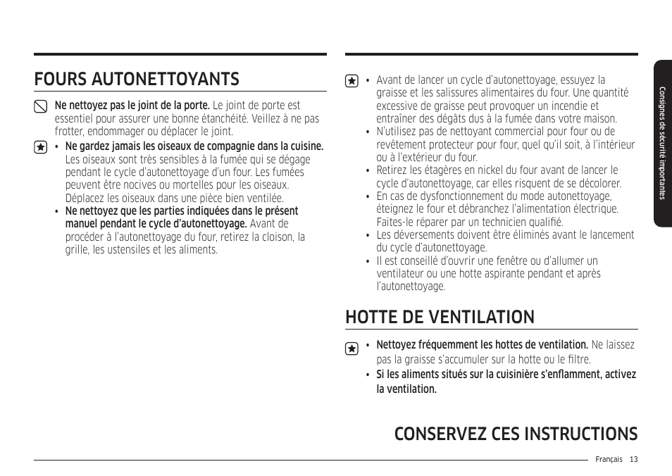 Fours autonettoyants, Hotte de ventilation, Conservez ces instructions | Samsung 30 Inch Smart Slide-In Induction Range Owners Guide User Manual | Page 153 / 210