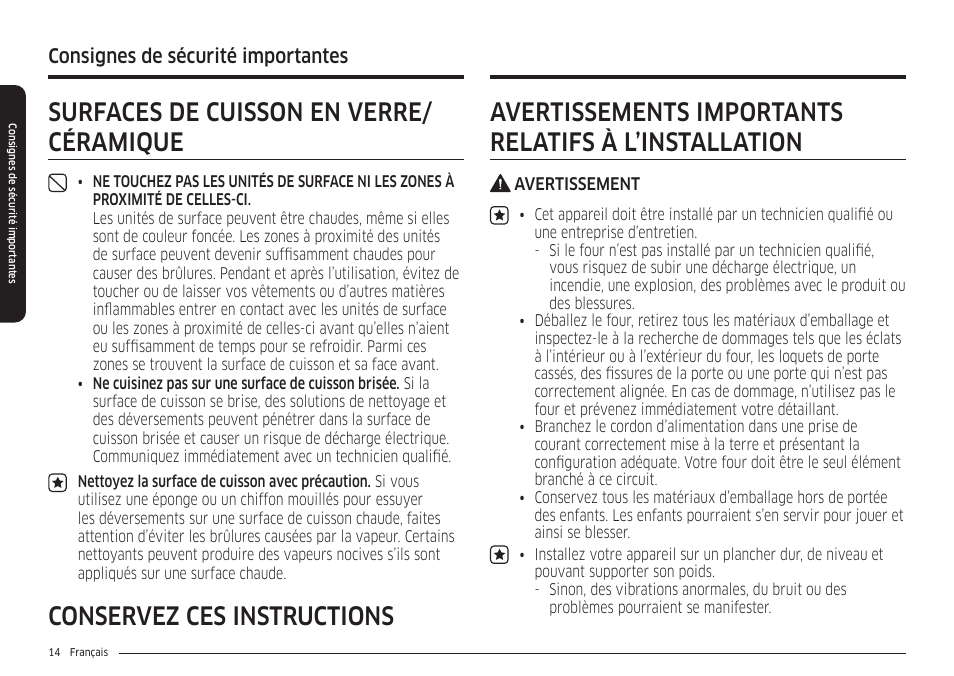 Surfaces de cuisson en verre/céramique, Surfaces de cuisson en verre/ céramique, Consignes de sécurité importantes | Samsung 30 Inch Smart Slide-In Induction Range Owners Guide User Manual | Page 154 / 210