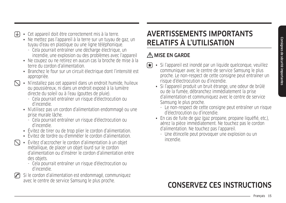 Avertissements importants relatifs à l’utilisation | Samsung 30 Inch Smart Slide-In Induction Range Owners Guide User Manual | Page 155 / 210