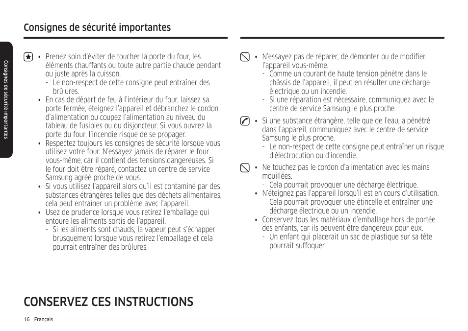 Conservez ces instructions, Consignes de sécurité importantes | Samsung 30 Inch Smart Slide-In Induction Range Owners Guide User Manual | Page 156 / 210