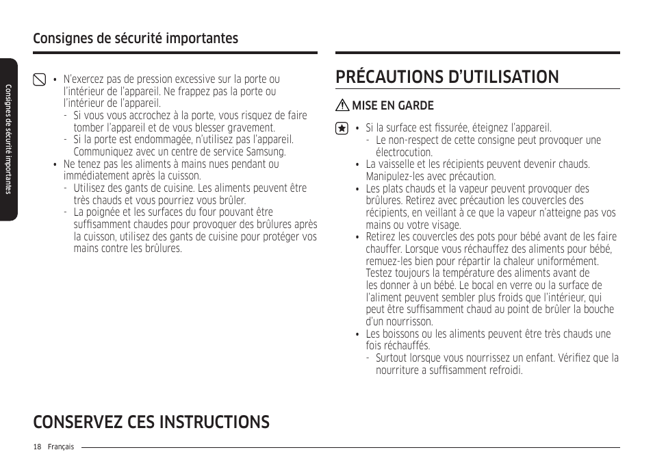 Précautions d’utilisation, Consignes de sécurité importantes | Samsung 30 Inch Smart Slide-In Induction Range Owners Guide User Manual | Page 158 / 210