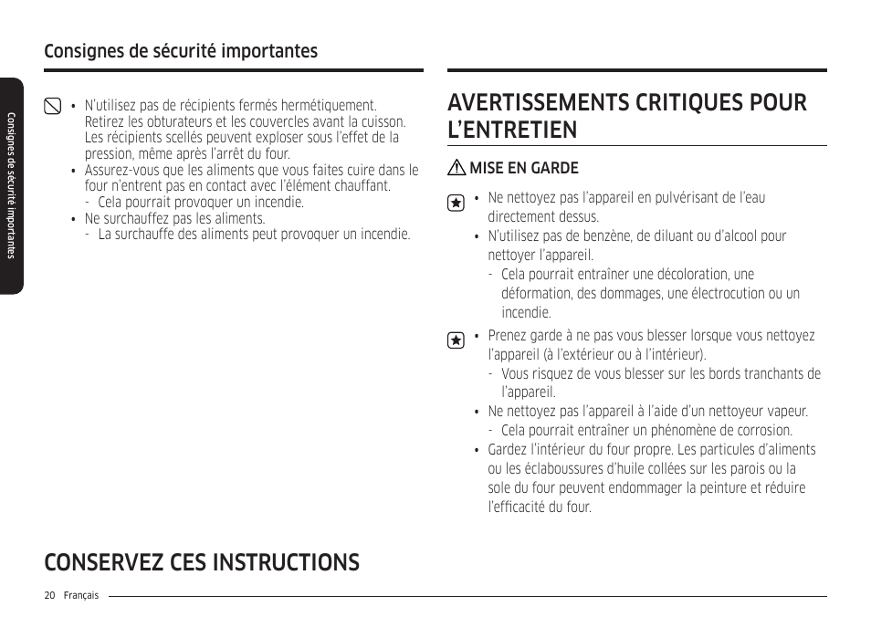 Avertissements critiques pour l’entretien, Conservez ces instructions, Consignes de sécurité importantes | Samsung 30 Inch Smart Slide-In Induction Range Owners Guide User Manual | Page 160 / 210