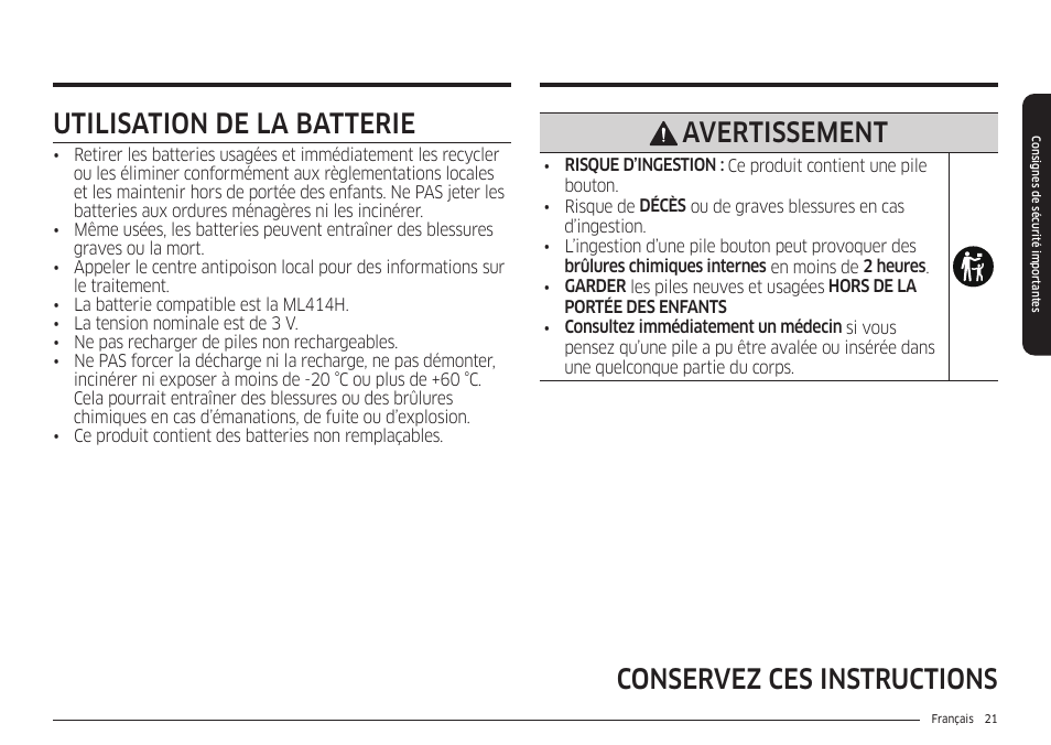 Utilisation de la batterie, Avertissement | Samsung 30 Inch Smart Slide-In Induction Range Owners Guide User Manual | Page 161 / 210