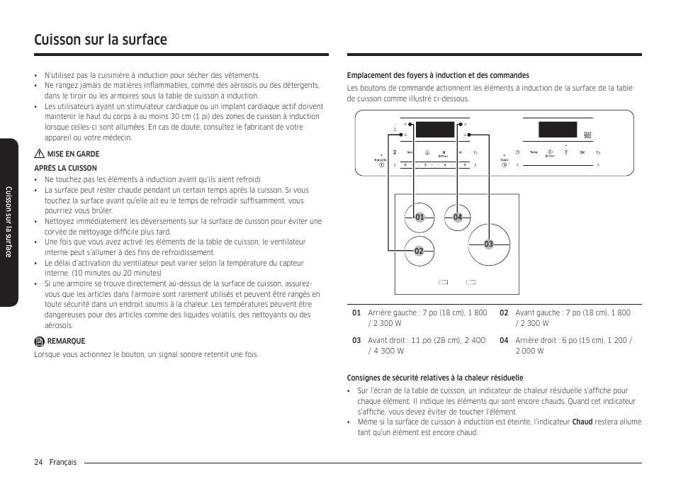 Cuisson sur la surface | Samsung 30 Inch Smart Slide-In Induction Range Owners Guide User Manual | Page 164 / 210