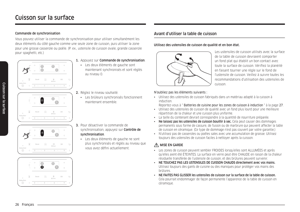 Avant d’utiliser la table de cuisson, Cuisson sur la surface | Samsung 30 Inch Smart Slide-In Induction Range Owners Guide User Manual | Page 166 / 210
