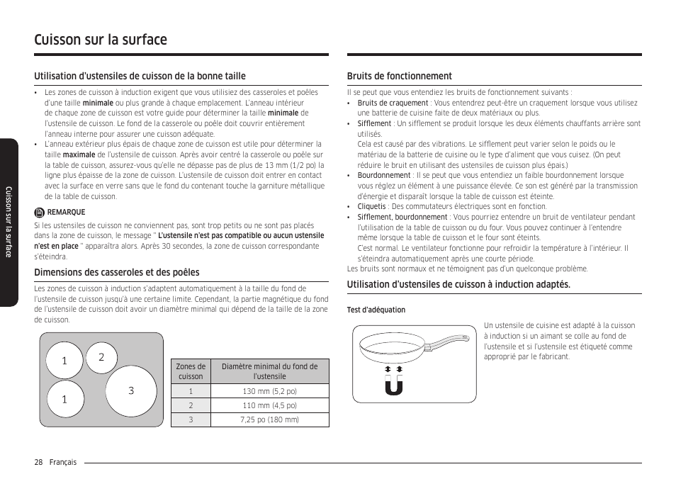 Dimensions des casseroles et des poêles, Bruits de fonctionnement, Cuisson sur la surface | Samsung 30 Inch Smart Slide-In Induction Range Owners Guide User Manual | Page 168 / 210