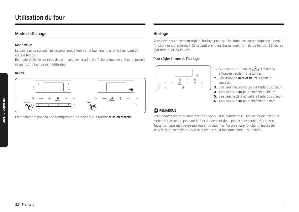 Mode d’affichage, Horloge, Horloge 32 | Utilisation du four | Samsung 30 Inch Smart Slide-In Induction Range Owners Guide User Manual | Page 172 / 210