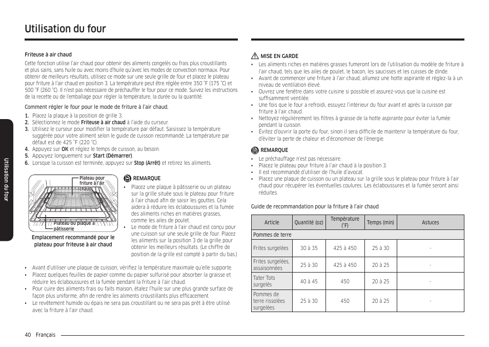 Utilisation du four | Samsung 30 Inch Smart Slide-In Induction Range Owners Guide User Manual | Page 180 / 210