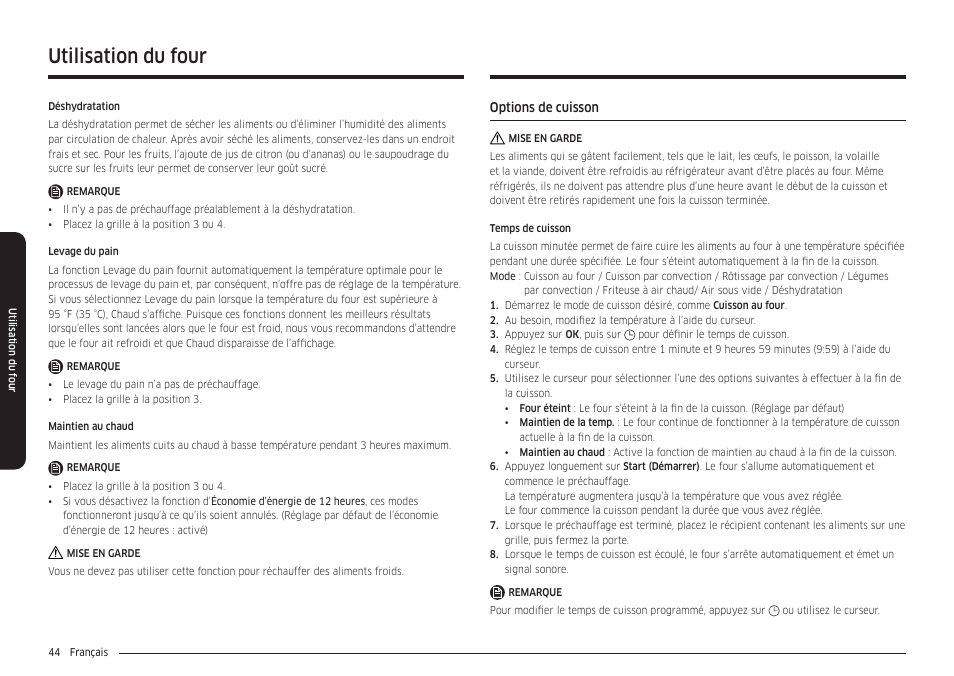 Options de cuisson, Utilisation du four | Samsung 30 Inch Smart Slide-In Induction Range Owners Guide User Manual | Page 184 / 210