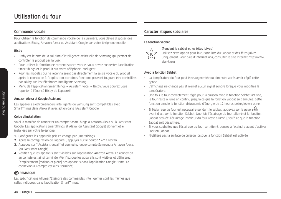 Commande vocale, Caractéristiques spéciales, Utilisation du four | Samsung 30 Inch Smart Slide-In Induction Range Owners Guide User Manual | Page 188 / 210