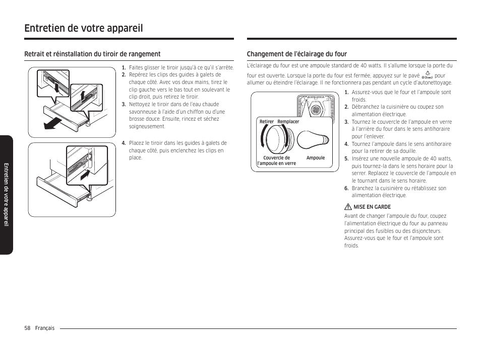 Retrait et réinstallation du tiroir de rangement, Changement de l’éclairage du four, Entretien de votre appareil | Samsung 30 Inch Smart Slide-In Induction Range Owners Guide User Manual | Page 198 / 210