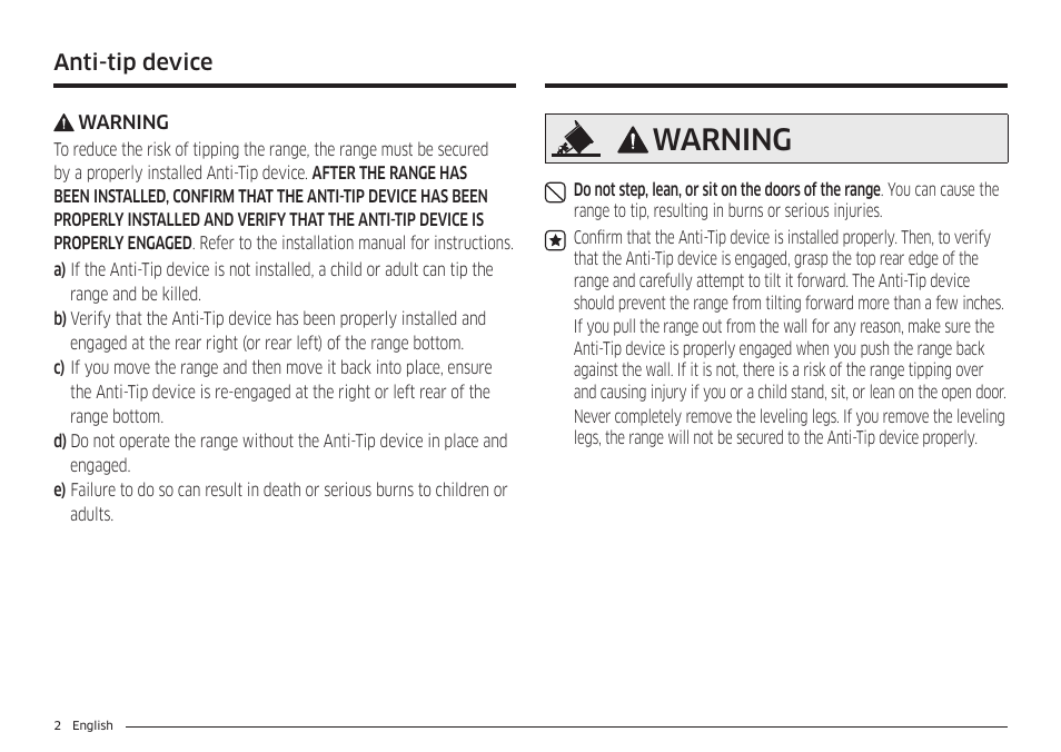 Warning, Anti-tip device | Samsung 30 Inch Smart Slide-In Induction Range Owners Guide User Manual | Page 2 / 210