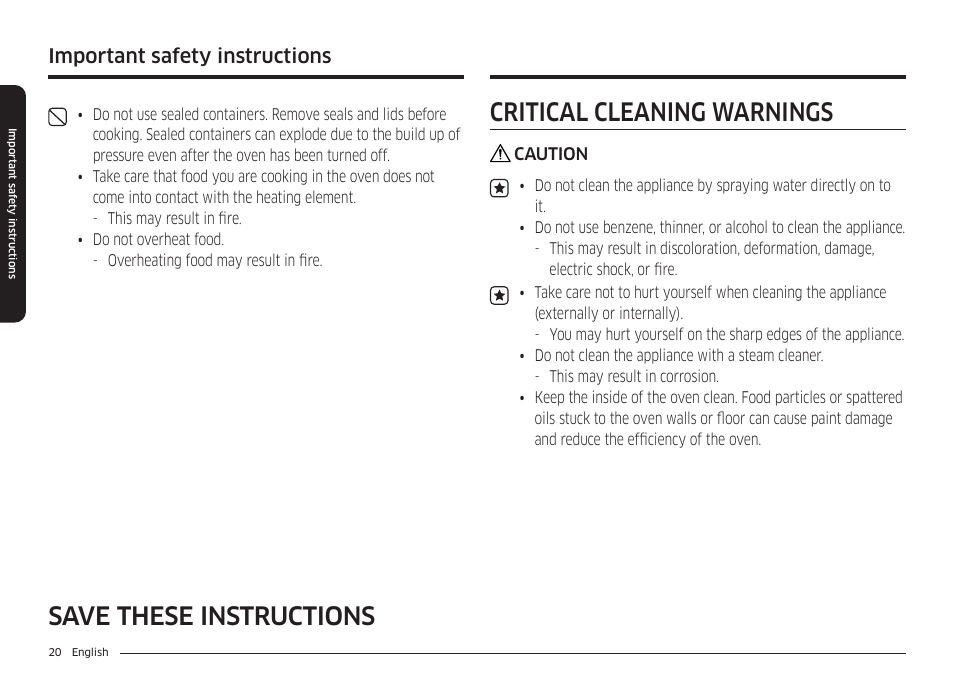 Critical cleaning warnings, Save these instructions, Important safety instructions | Samsung 30 Inch Smart Slide-In Induction Range Owners Guide User Manual | Page 20 / 210