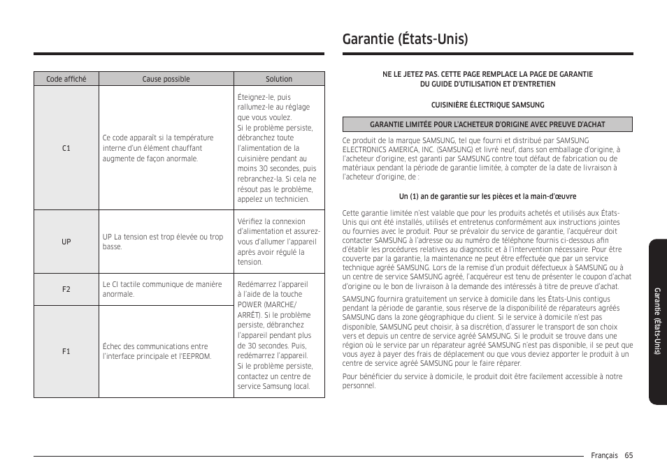 Garantie (états-unis) | Samsung 30 Inch Smart Slide-In Induction Range Owners Guide User Manual | Page 205 / 210