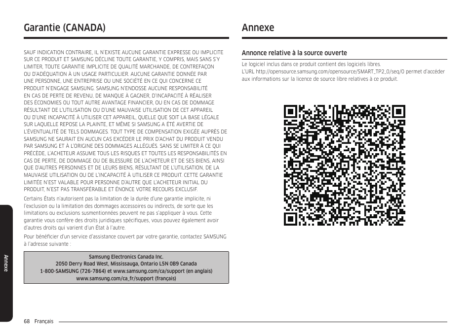 Annexe, Annonce relative à la source ouverte, Annexe 68 | Garantie (canada) | Samsung 30 Inch Smart Slide-In Induction Range Owners Guide User Manual | Page 208 / 210