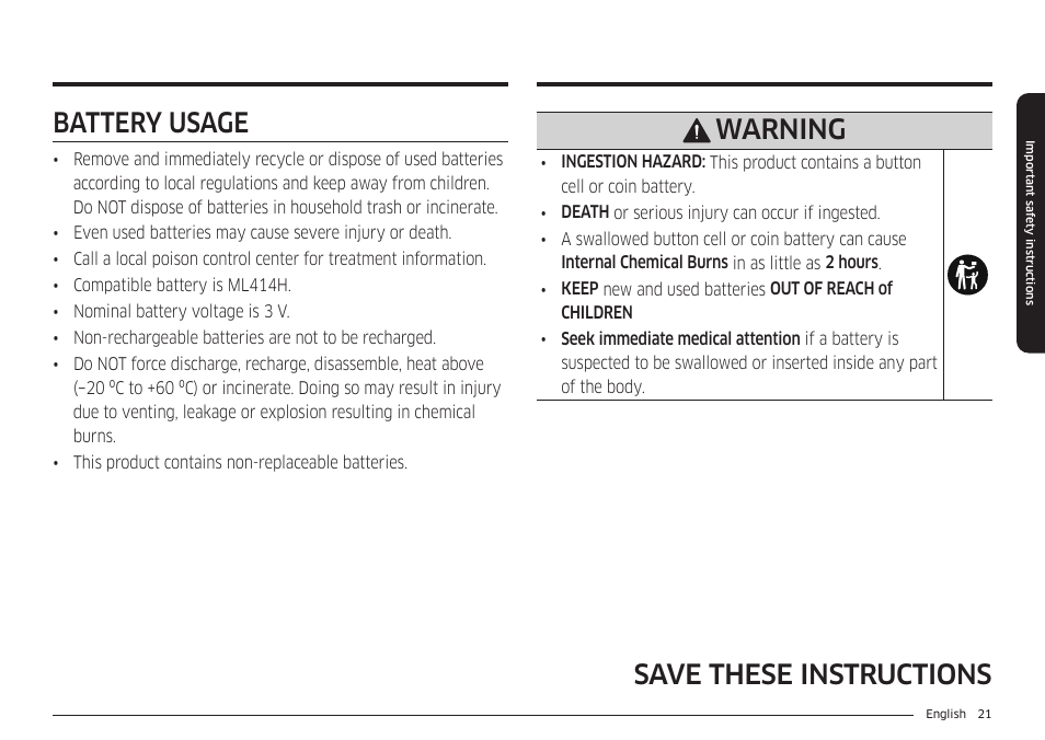 Battery usage, Save these instructions battery usage, Warning | Samsung 30 Inch Smart Slide-In Induction Range Owners Guide User Manual | Page 21 / 210