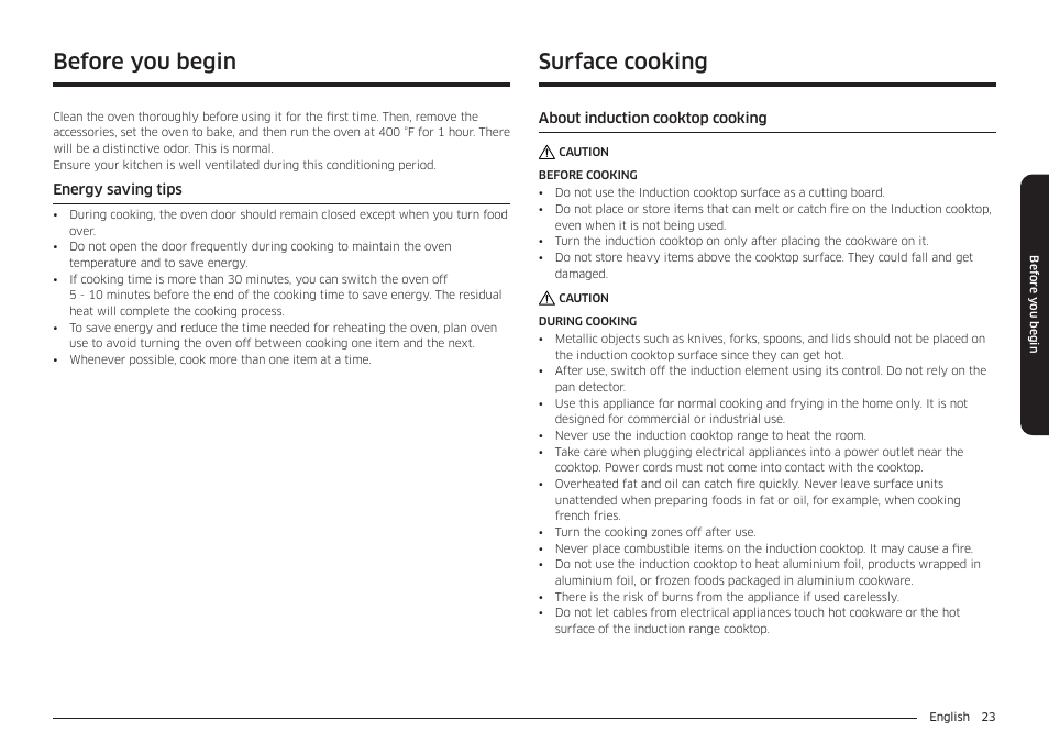 Before you begin, Energy saving tips, Surface cooking | About induction cooktop cooking | Samsung 30 Inch Smart Slide-In Induction Range Owners Guide User Manual | Page 23 / 210