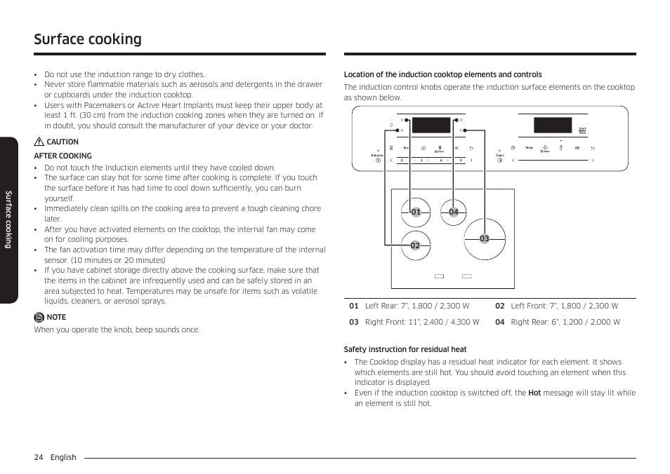 Surface cooking | Samsung 30 Inch Smart Slide-In Induction Range Owners Guide User Manual | Page 24 / 210