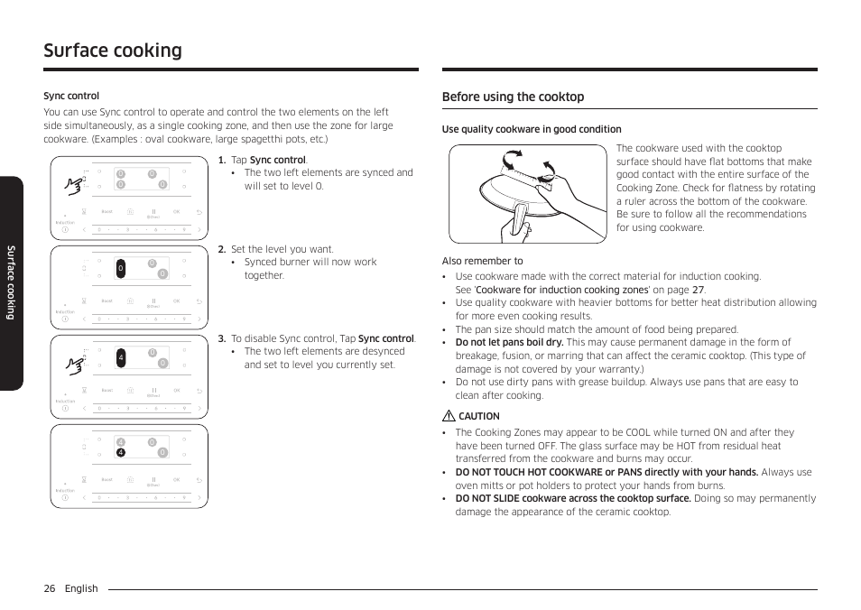 Before using the cooktop, Surface cooking | Samsung 30 Inch Smart Slide-In Induction Range Owners Guide User Manual | Page 26 / 210