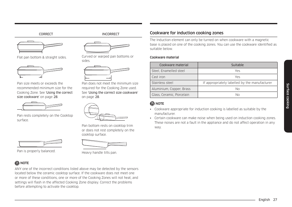 Cookware for induction cooking zones | Samsung 30 Inch Smart Slide-In Induction Range Owners Guide User Manual | Page 27 / 210