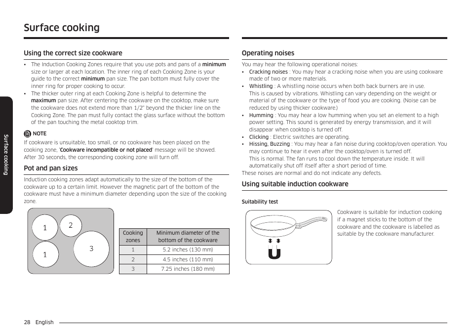 Using the correct size cookware, Pot and pan sizes, Operating noises | Using suitable induction cookware, Surface cooking | Samsung 30 Inch Smart Slide-In Induction Range Owners Guide User Manual | Page 28 / 210