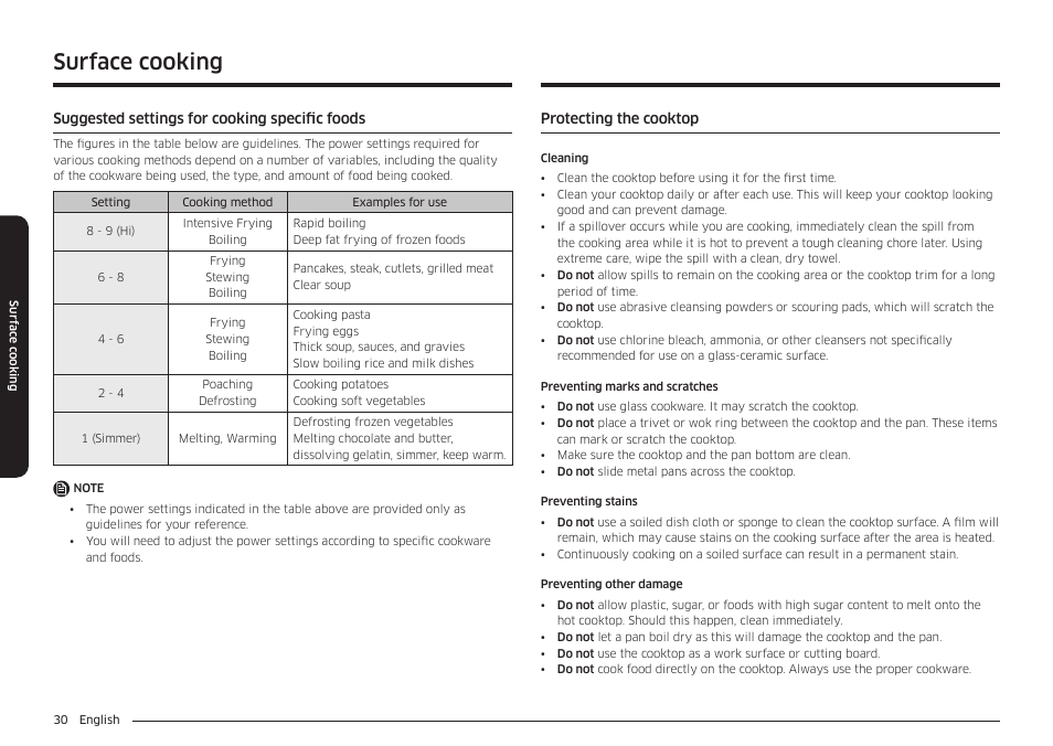 Suggested settings for cooking specific foods, Protecting the cooktop, Surface cooking | Samsung 30 Inch Smart Slide-In Induction Range Owners Guide User Manual | Page 30 / 210