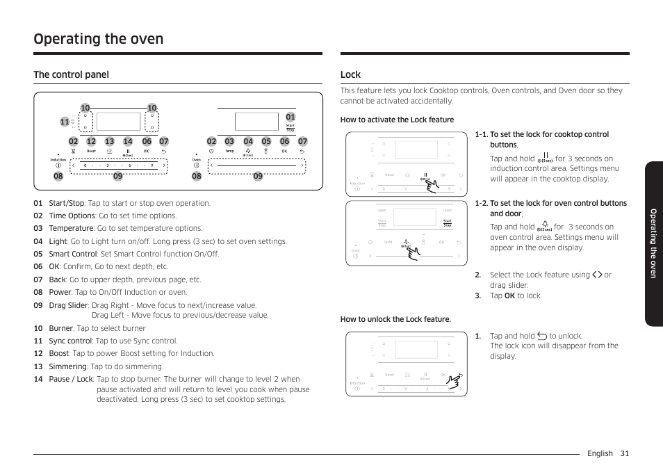 Operating the oven, The control panel, Lock | Lock 31 | Samsung 30 Inch Smart Slide-In Induction Range Owners Guide User Manual | Page 31 / 210