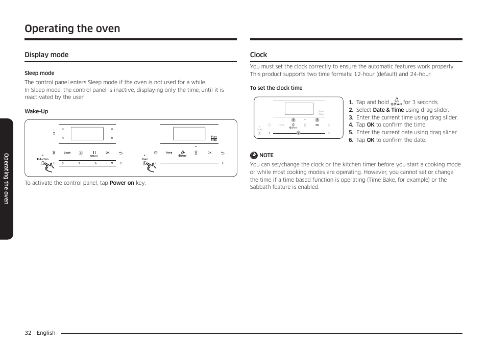 Display mode, Clock, Clock 32 | Operating the oven | Samsung 30 Inch Smart Slide-In Induction Range Owners Guide User Manual | Page 32 / 210