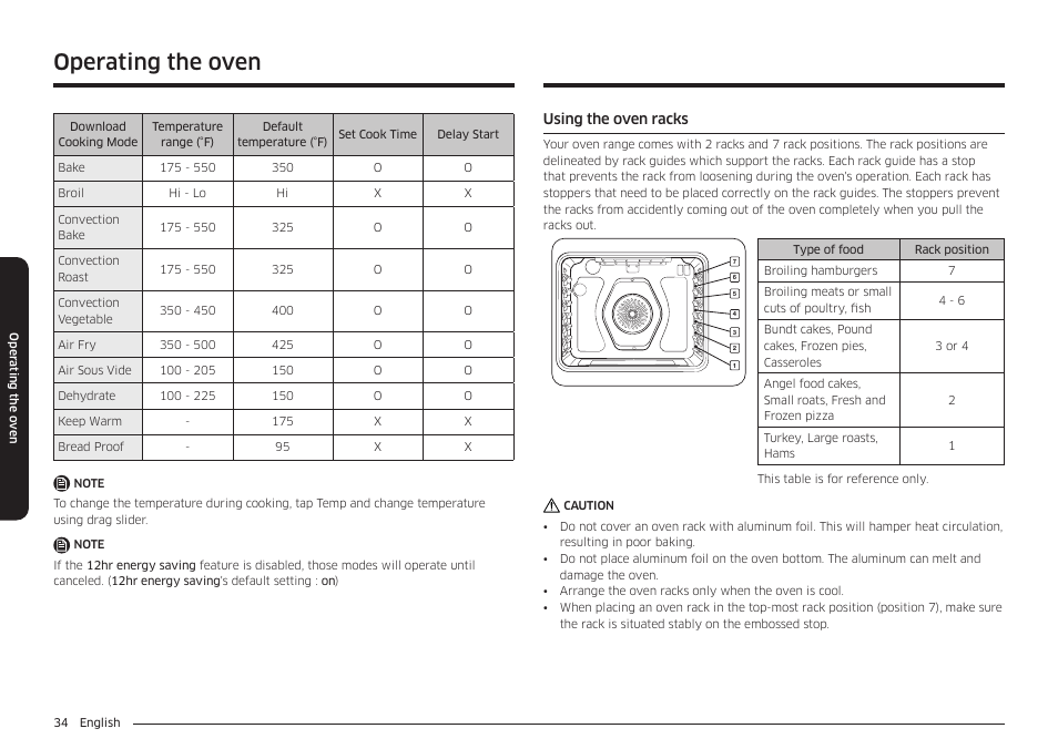 Using the oven racks, Operating the oven | Samsung 30 Inch Smart Slide-In Induction Range Owners Guide User Manual | Page 34 / 210