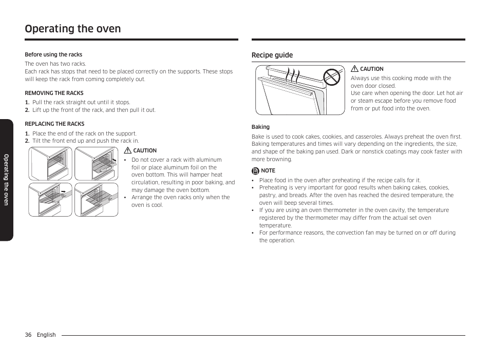 Recipe guide, Operating the oven | Samsung 30 Inch Smart Slide-In Induction Range Owners Guide User Manual | Page 36 / 210
