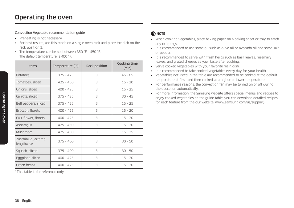 See the, Convection vegetable recommendation guide, Operating the oven | Samsung 30 Inch Smart Slide-In Induction Range Owners Guide User Manual | Page 38 / 210