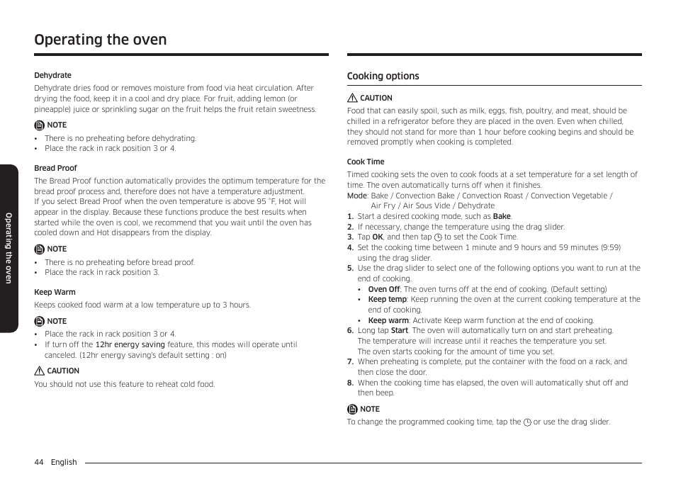 Cooking options, Operating the oven | Samsung 30 Inch Smart Slide-In Induction Range Owners Guide User Manual | Page 44 / 210