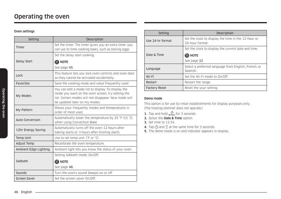 Operating the oven | Samsung 30 Inch Smart Slide-In Induction Range Owners Guide User Manual | Page 46 / 210