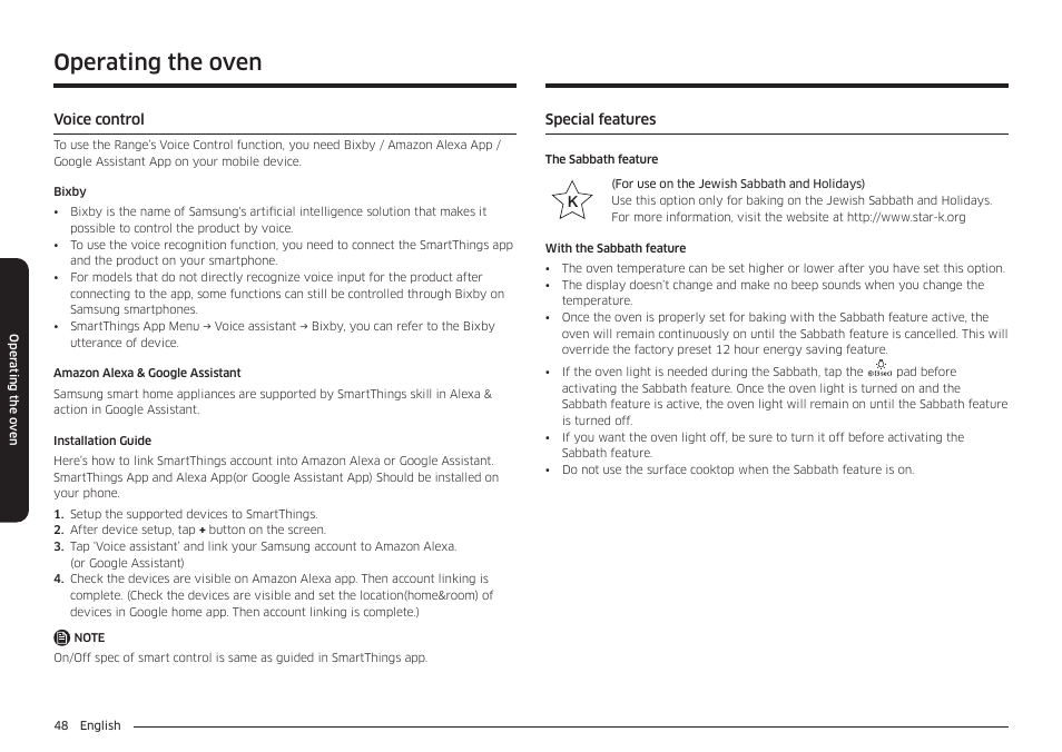 Voice control, Special features, Operating the oven | Samsung 30 Inch Smart Slide-In Induction Range Owners Guide User Manual | Page 48 / 210